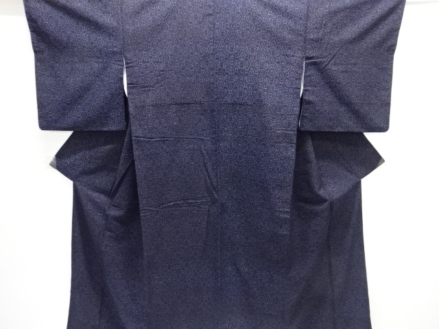 大正ロマン　幾何学に木の葉模様織り出し手織り真綿小千谷紬着物